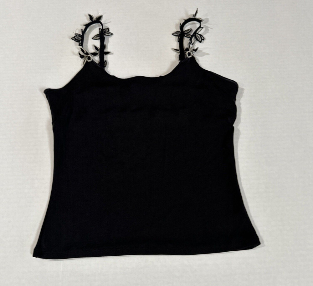 VTG FEEL GOOD PARIS Black Tank Top/Crop Stretchy Unique Flower Straps Festival S